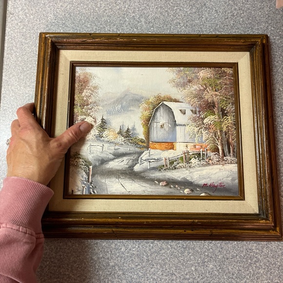 Vintage Winter Barn Landscape Painting, 12x14 - Picture 3 of 8